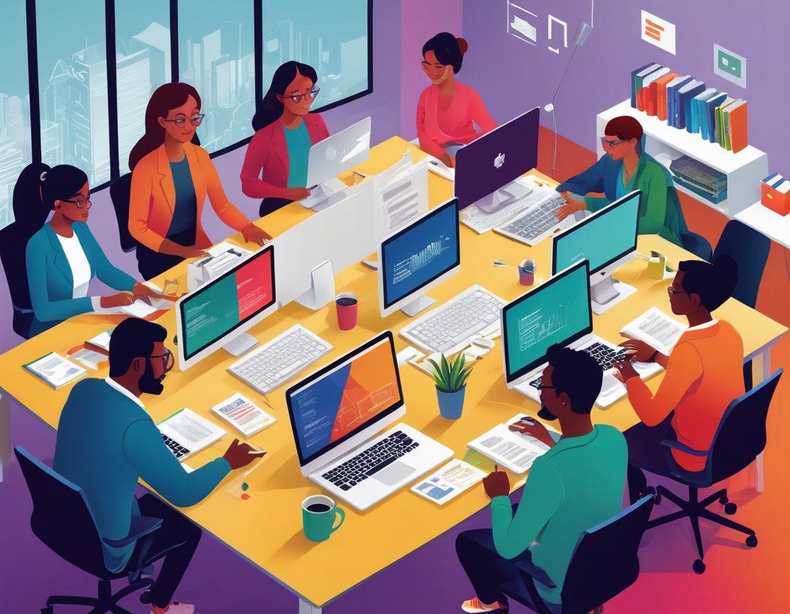 An illustrated scene depicting a diverse group of adults engaging in various career activities, such as coding, designing, teaching, and discussing in a modern office environment. Include elements like books, laptops, and charts symbolizing essential skills and resources for careers. Bright, inspiring colors to convey opportunity and growth. Create a harmonious blend of people from different backgrounds, emphasizing collaboration and learning. vibrant colors. vector art.