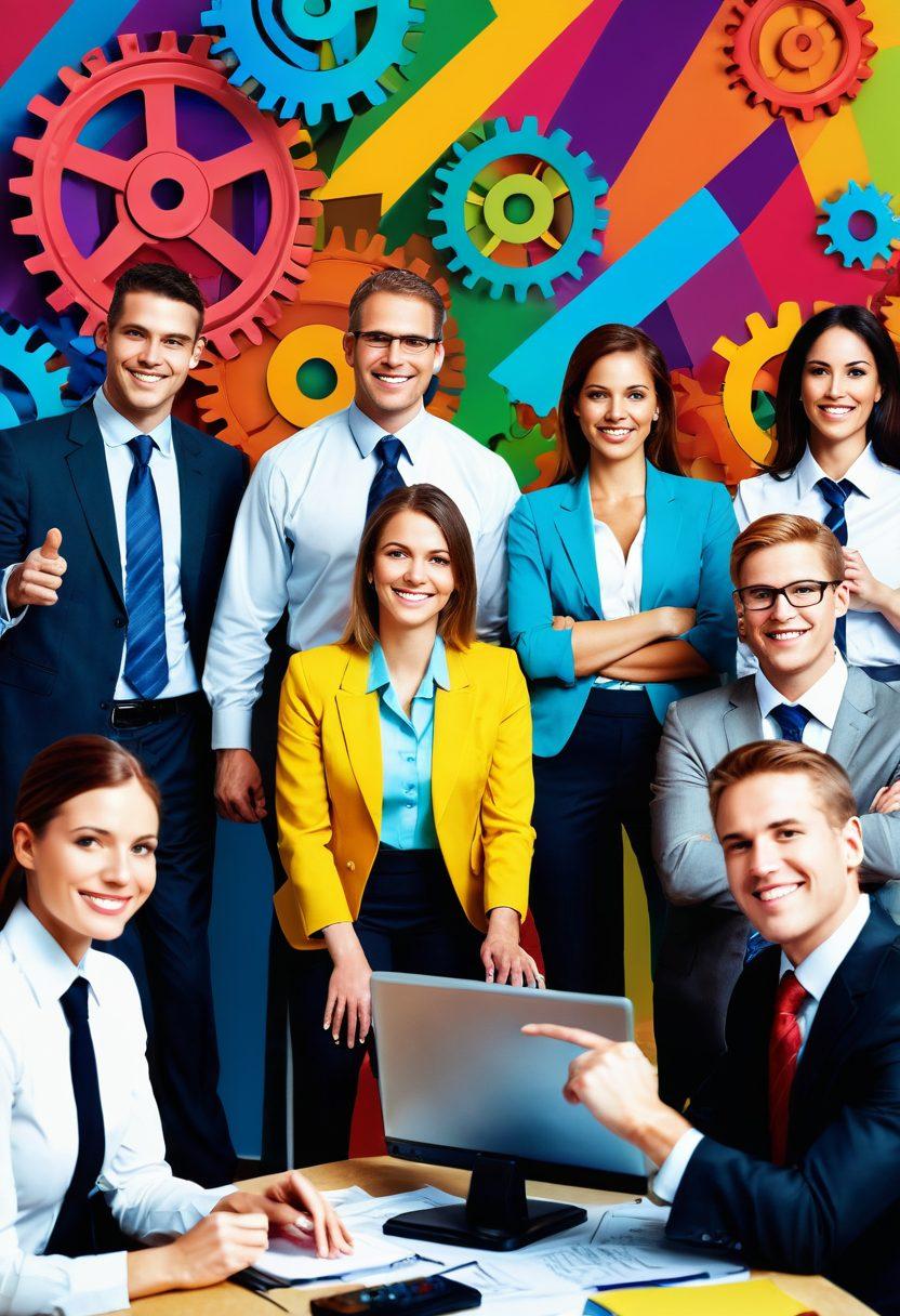 A dynamic scene featuring a diverse group of adults engaged in various professional activities, representing the adult sector. Include elements like an office environment, a mentorship session, and a vibrant workshop. Show expressions of enthusiasm and determination. The backdrop should symbolize growth, with upward arrows and gears symbolizing progress. Incorporate warm, motivational colors. super-realistic. vibrant colors.