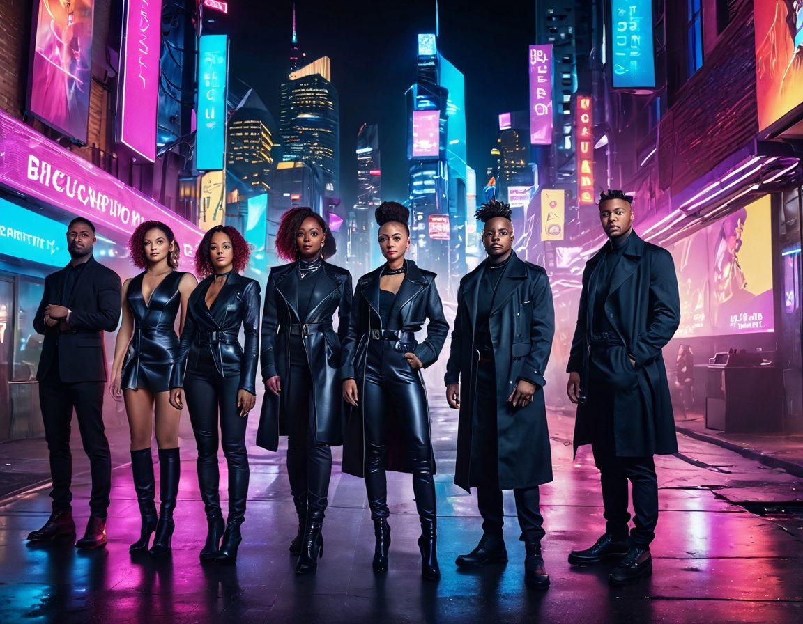 A diverse group of confident individuals in various adult industry careers, such as a director, performer, makeup artist, and content creator, standing together with futuristic cityscape in the background. Bright neon lights and symbols of opportunity, like open doors and paths leading forward, sparkle around them. Showcase a sense of empowerment, creativity, and excitement about the future. vivid colors. modern art. cyberpunk.